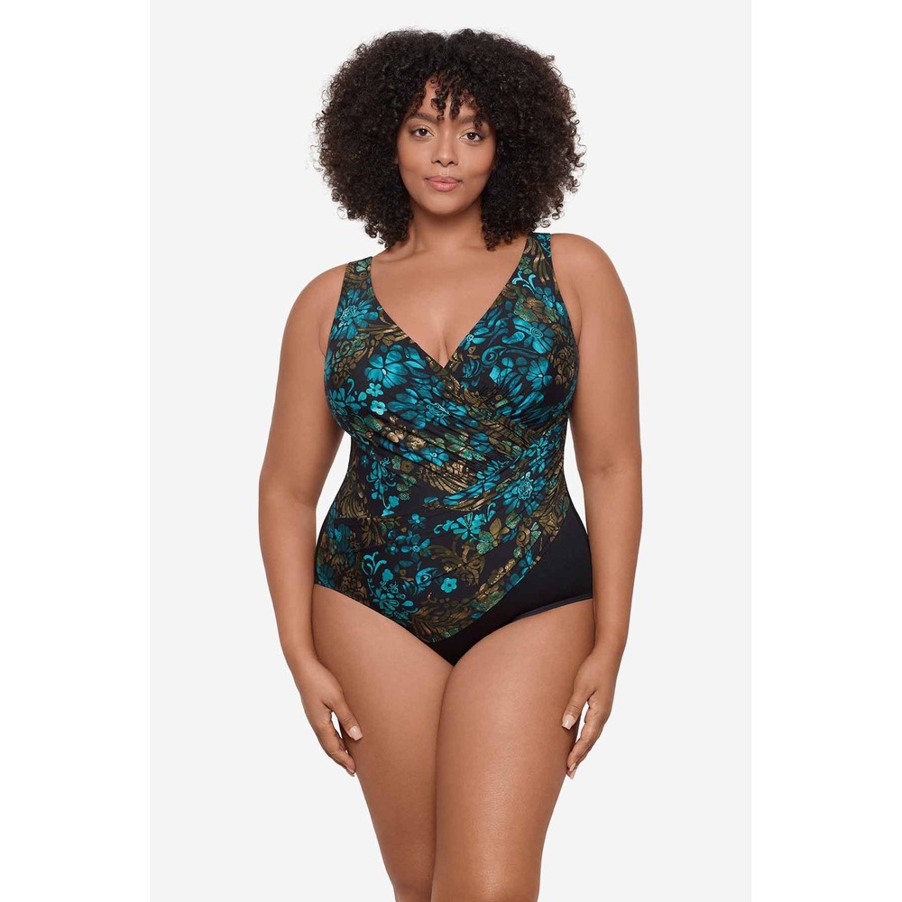 Miraclesuit Plus Size Oceanus One Piece Swimsuit Flor De Mare Black Teal 16W NEW